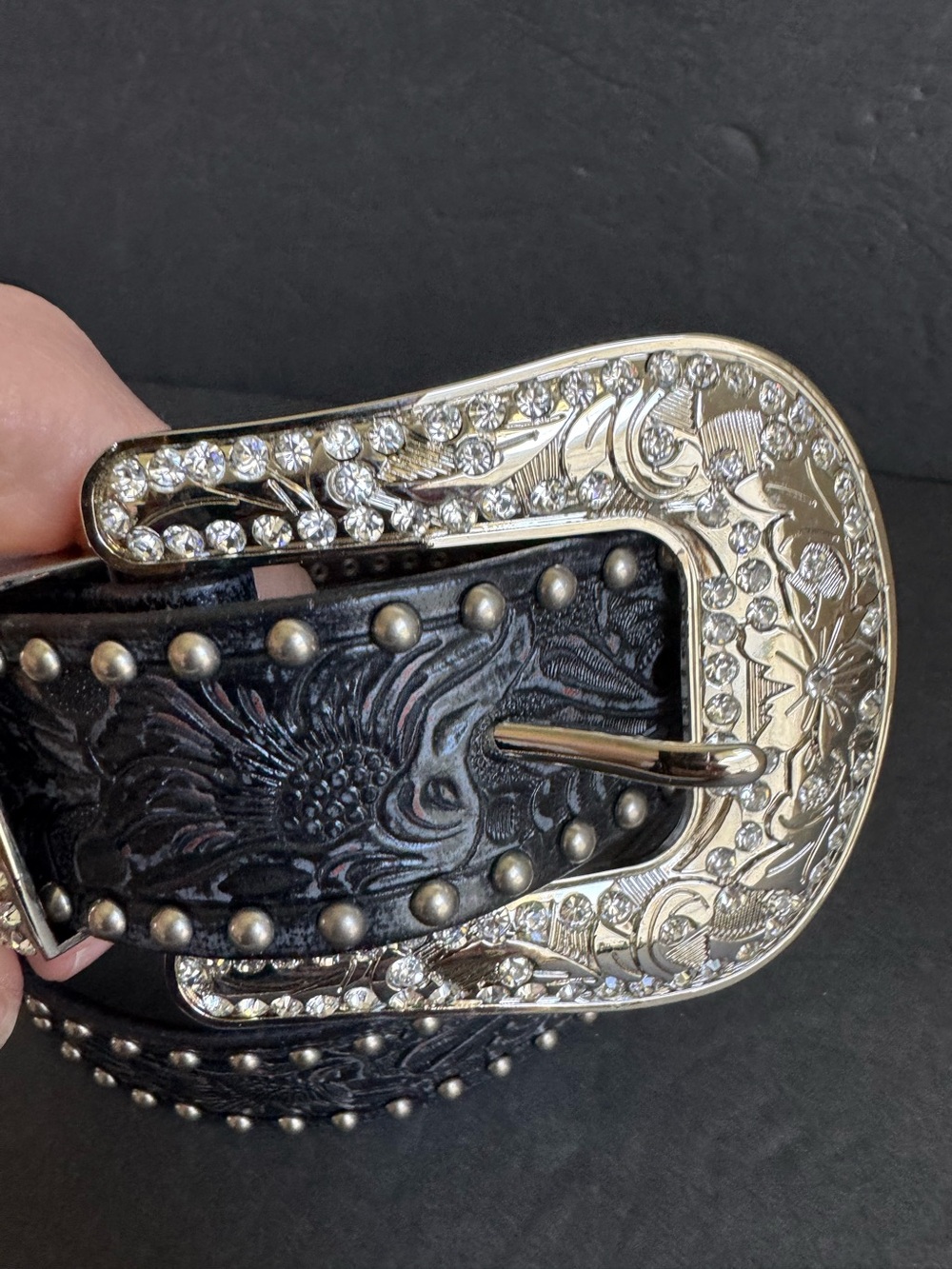 Black Leather Rhinestone Belt Crystal Festival Western Cowgirl Tooled Large - Picture 2 of 12